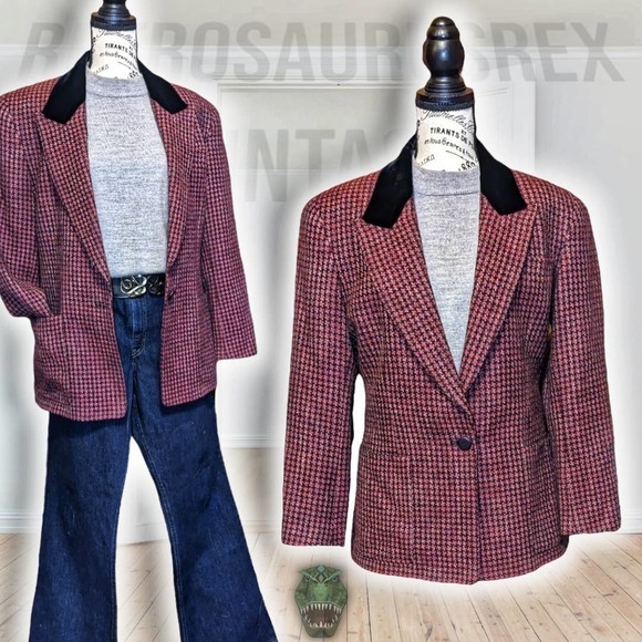 VINTAGE 1980s Red Houndstooth Wool Velvet Collar Blazer - Picture 1 of 7